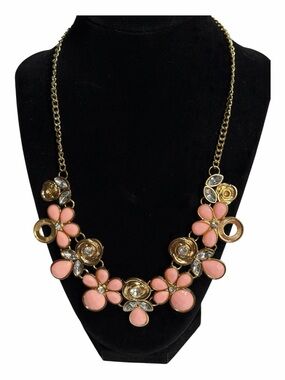 Pink Resin Petals Feminine Collar Necklace Clear Crystal Accents Statement 18 in